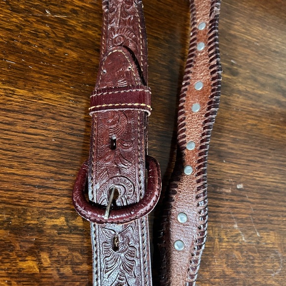 Western Brown Women\'s Hand Tooled thick leather belt with metal accents Sz.38/L main image 11